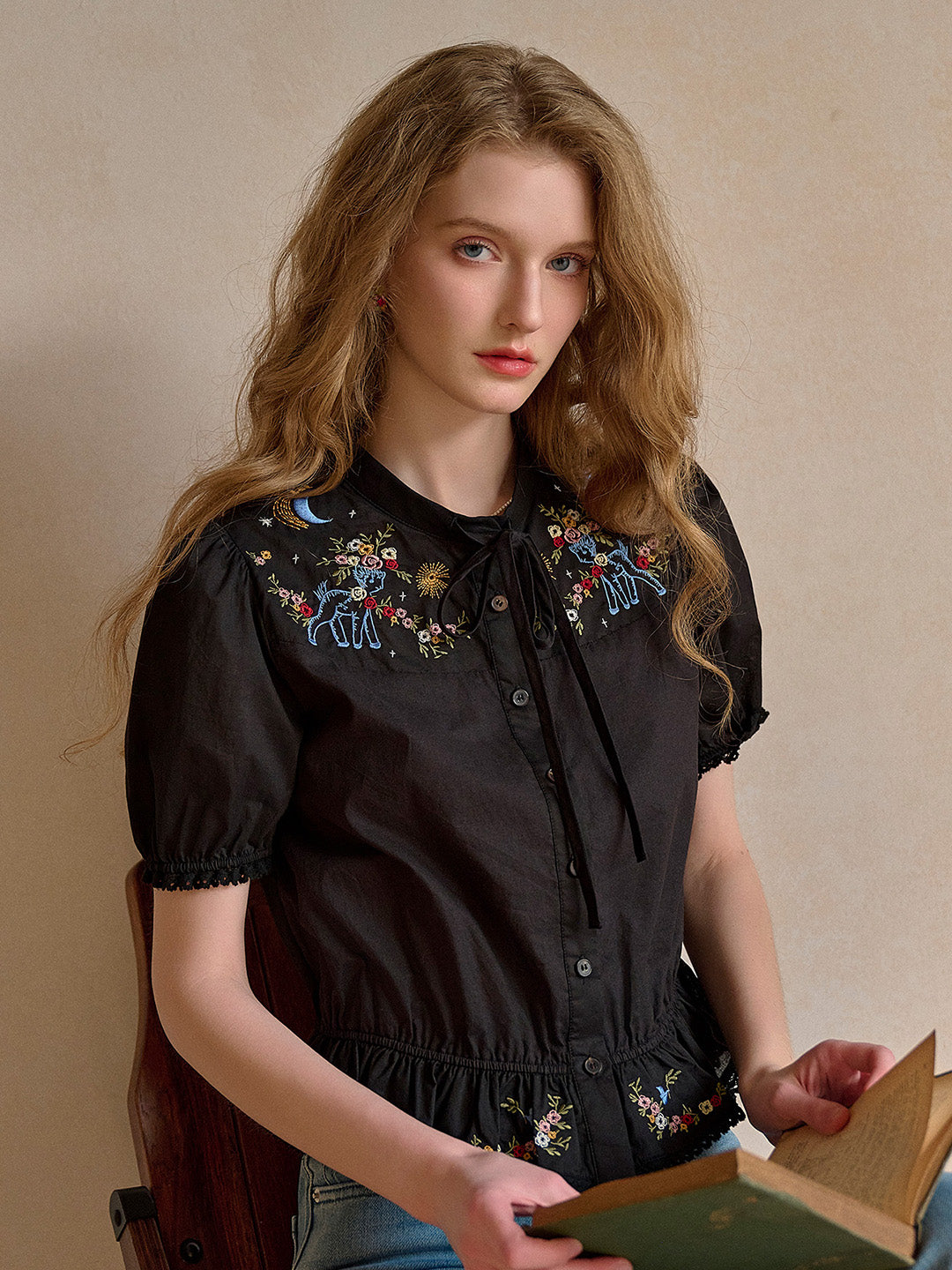 Nova Round Neck Tie Embroidery 100% Cotton Blouse