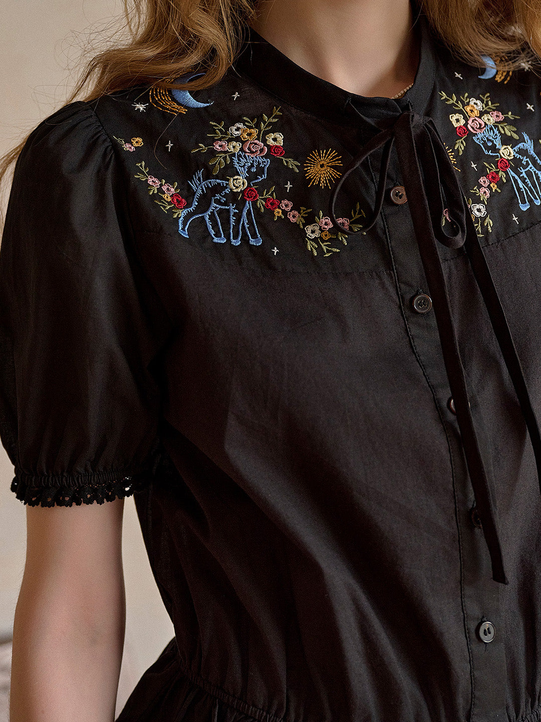 Nova Round Neck Tie Embroidery 100% Cotton Blouse