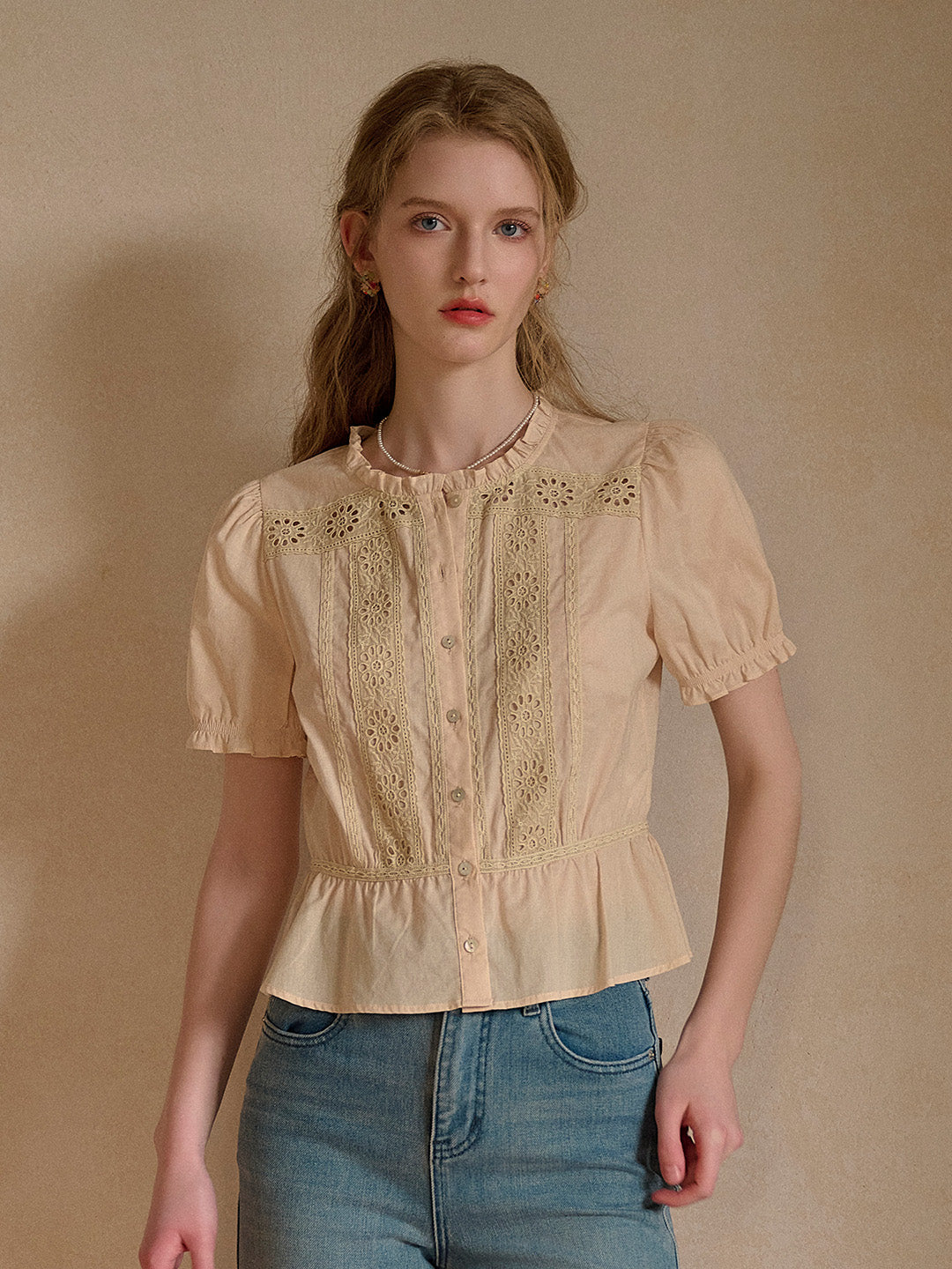 Danica Ruffle Neck Embroidery 100% Cotton Blouse