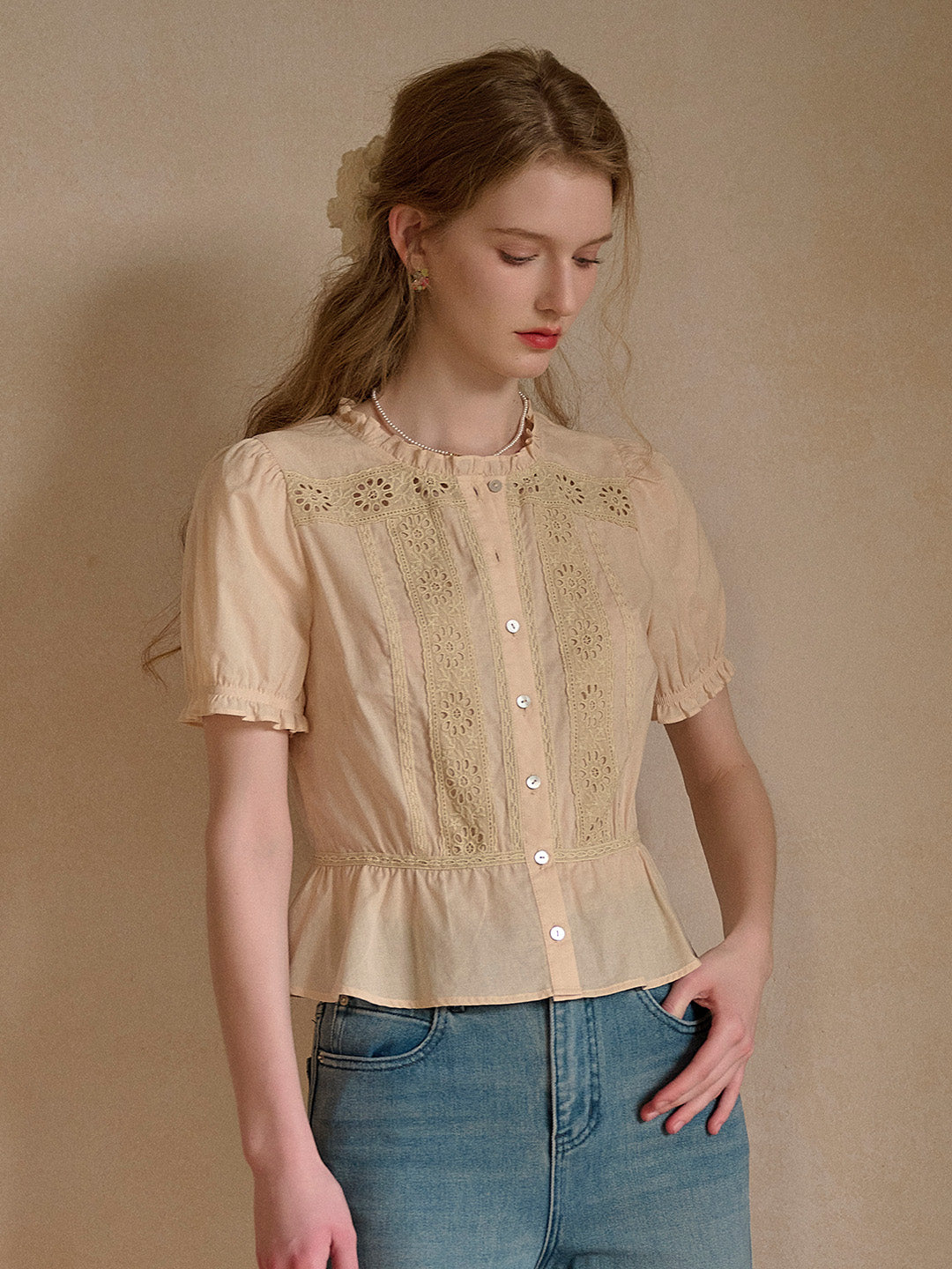 Danica Ruffle Neck Embroidery 100% Cotton Blouse