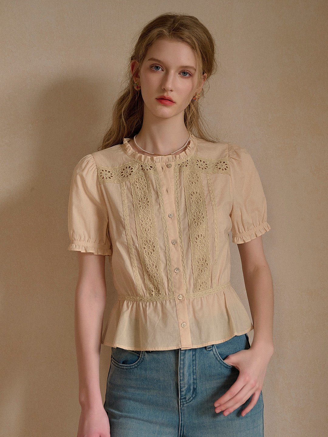 Danica Ruffle Neck Embroidery 100% Cotton Blouse