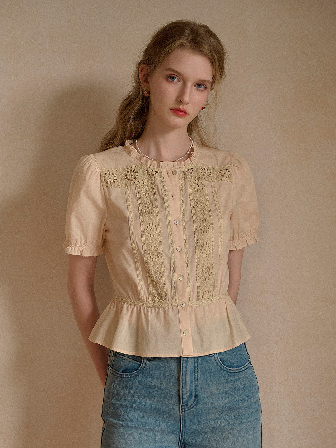 Danica Ruffle Neck Embroidery 100% Cotton Blouse