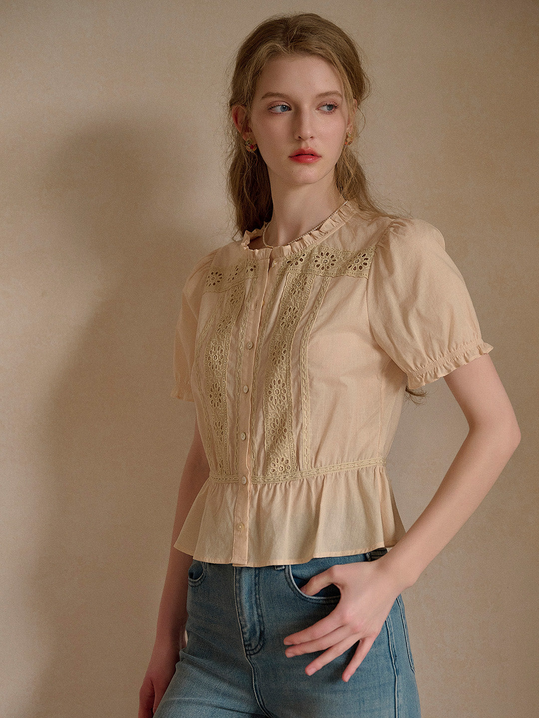 Danica Ruffle Neck Embroidery 100% Cotton Blouse