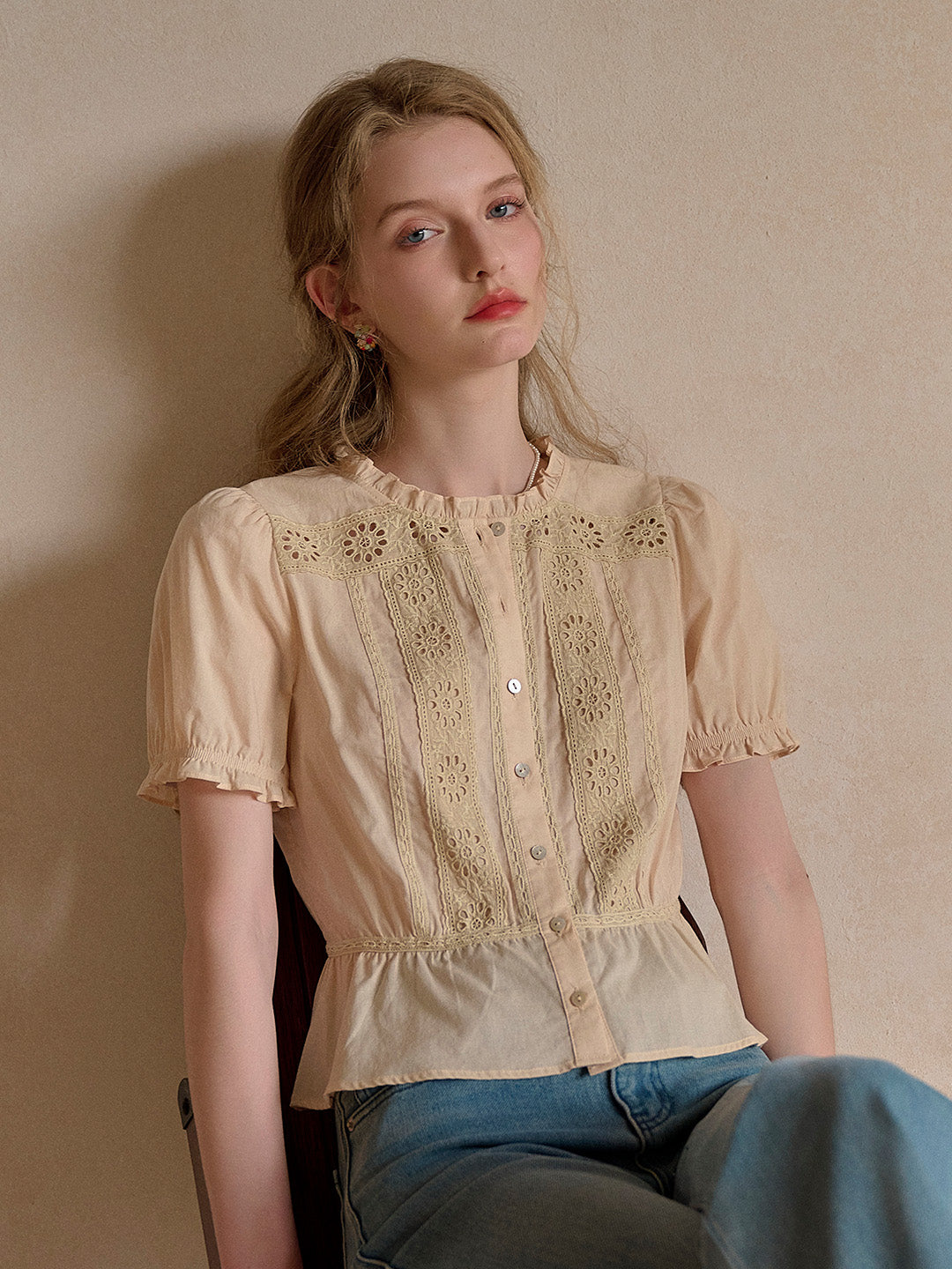 Danica Ruffle Neck Embroidery 100% Cotton Blouse