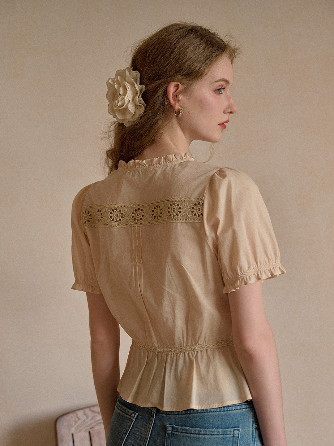 Danica Ruffle Neck Embroidery 100% Cotton Blouse