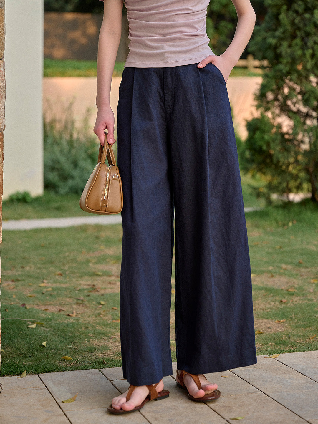 Evelyn Straight Line Cotton Trousers - Navy Blue