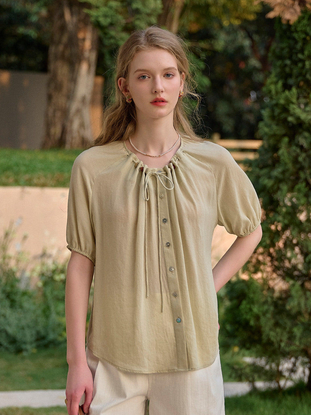 Madison Round Neck Tie Skin-Friendly Blouse