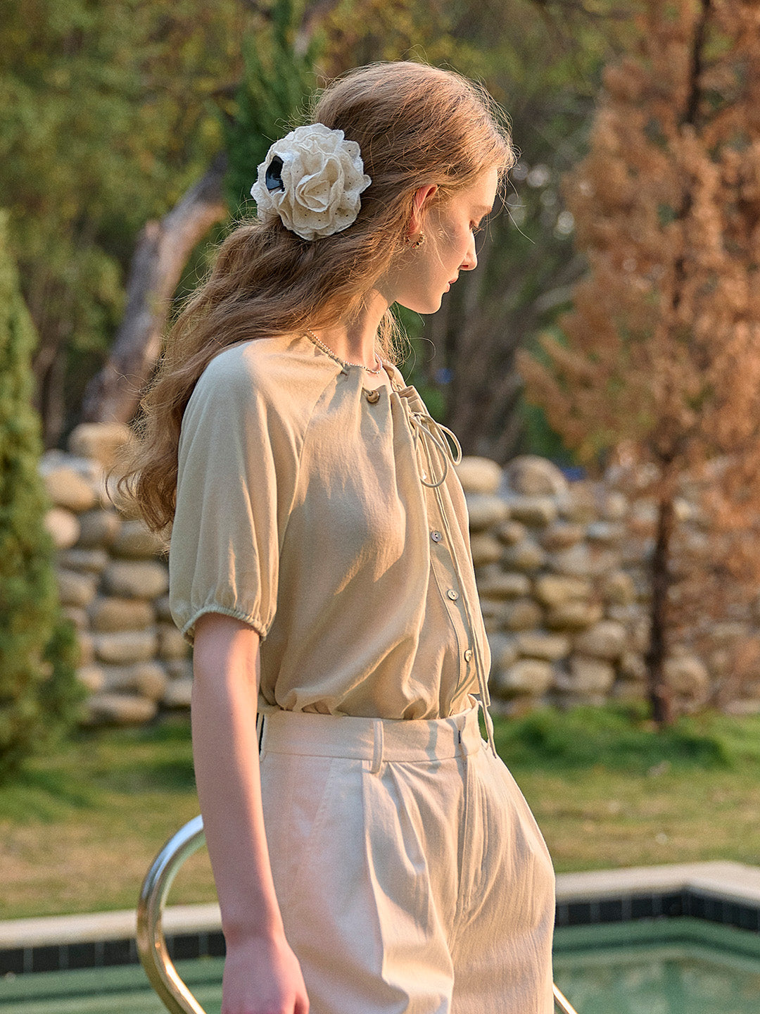 Madison Round Neck Tie Skin-Friendly Blouse