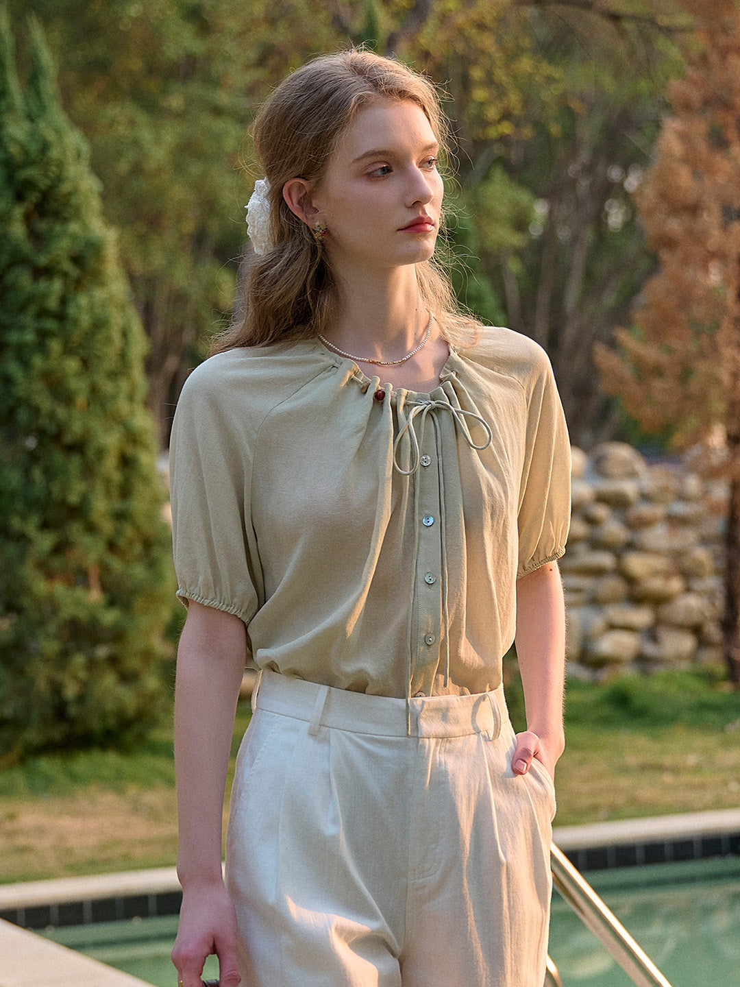 Madison Round Neck Tie Skin-Friendly Blouse