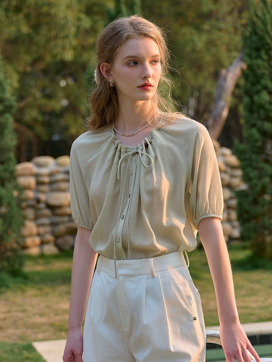 Madison Round Neck Tie Skin-Friendly Blouse