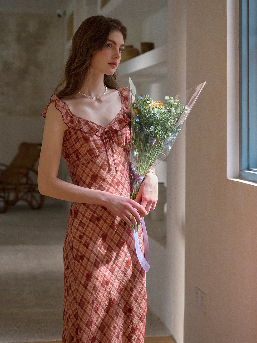 Lennon V-Neck Plaid Ruffle Sleeve Viscose Dress