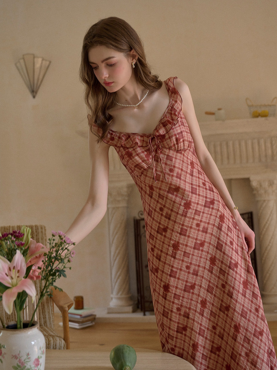 Lennon V-Neck Plaid Ruffle Sleeve Viscose Dress