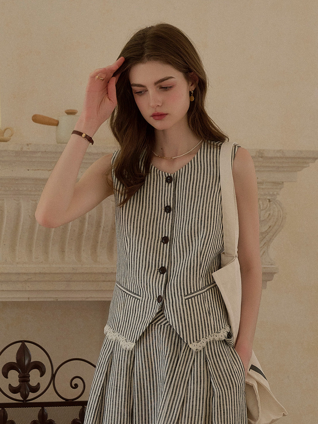 Sofia Round Neck Stripe 100% Flax Vest