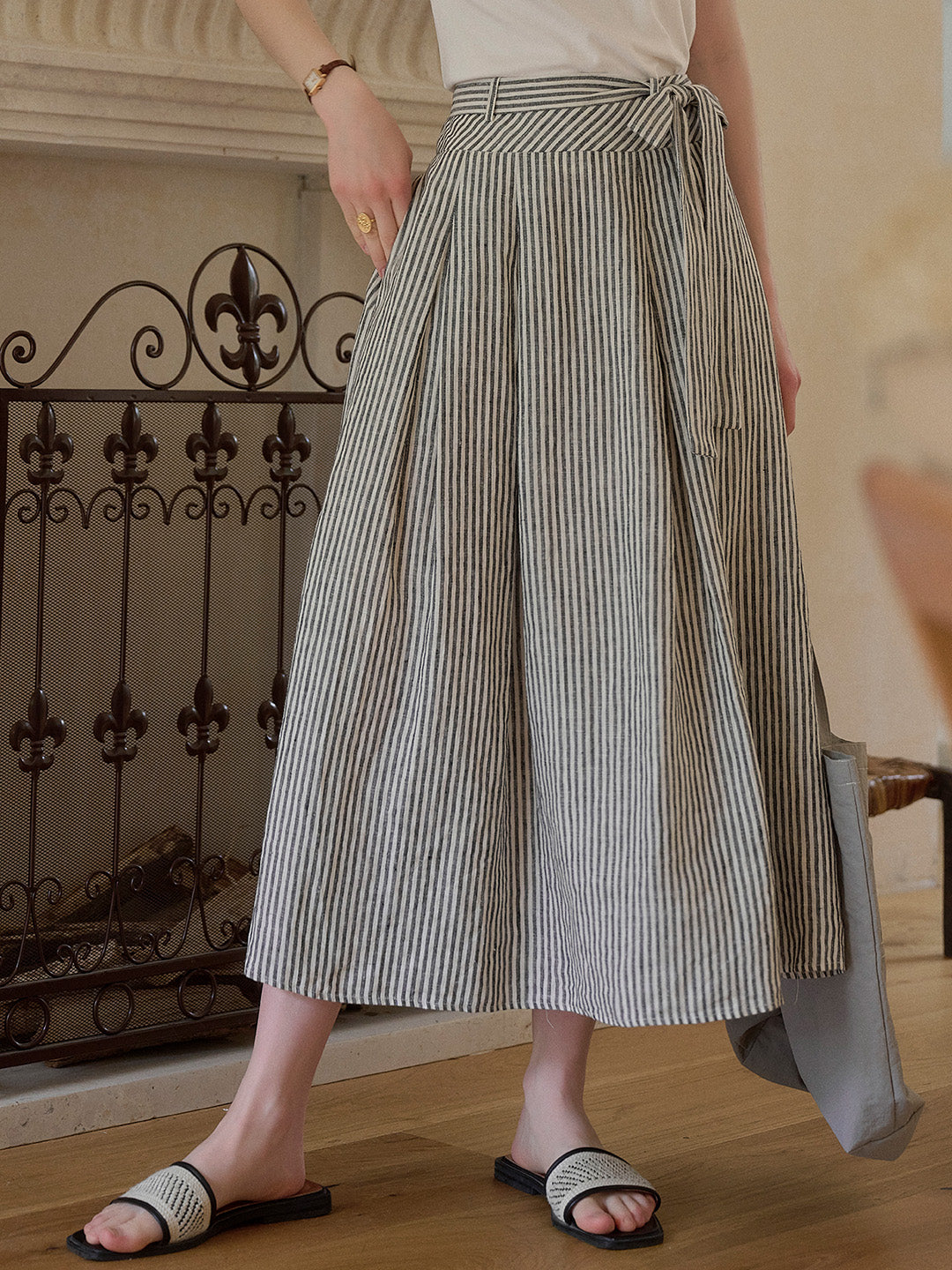 Ava Stripe Pleated 100% Flax Skirt