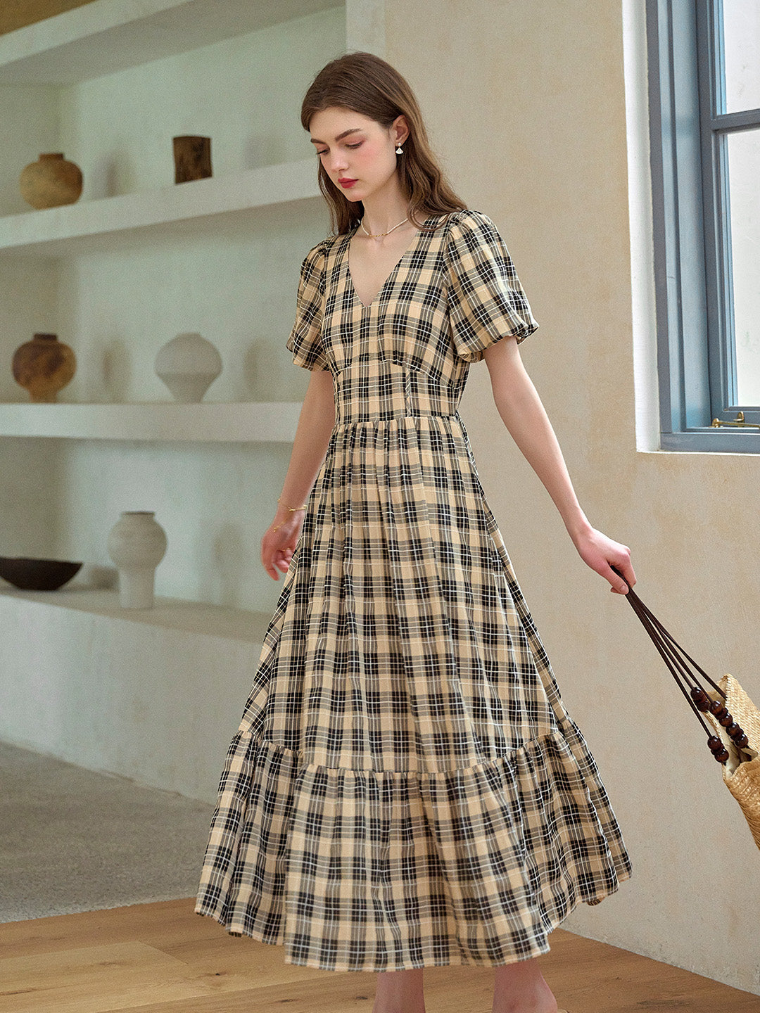 Annika V-Neck Plaid Viscose Dress