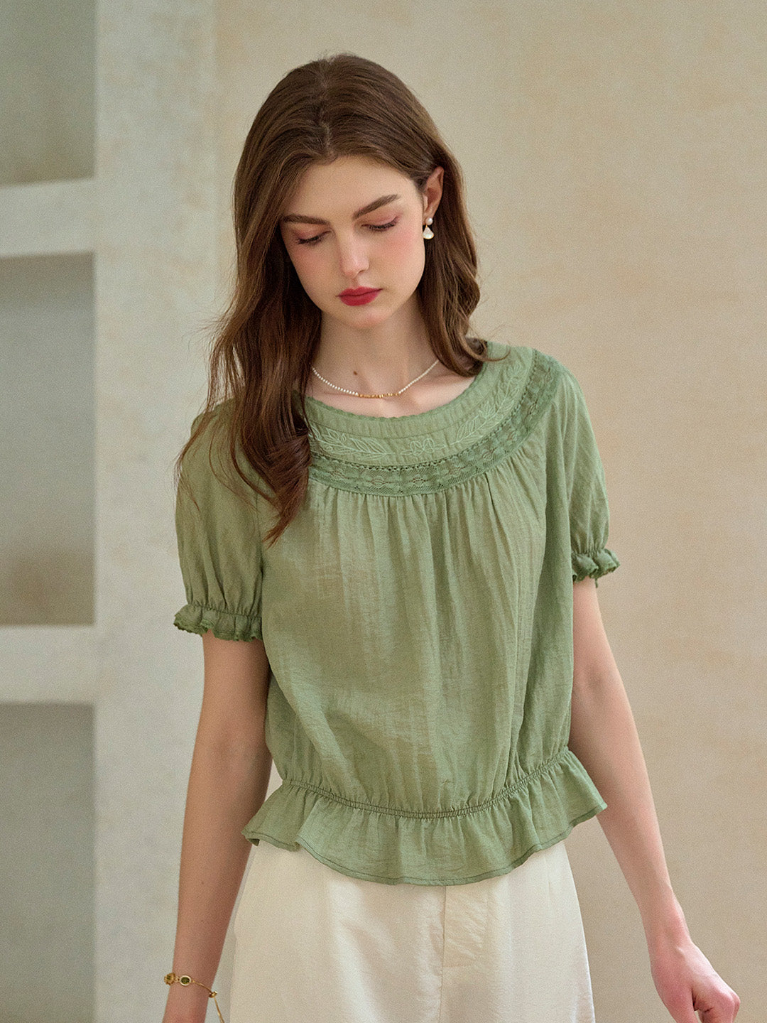 Simone Round Neck Puff Sleeve Linen Blouse
