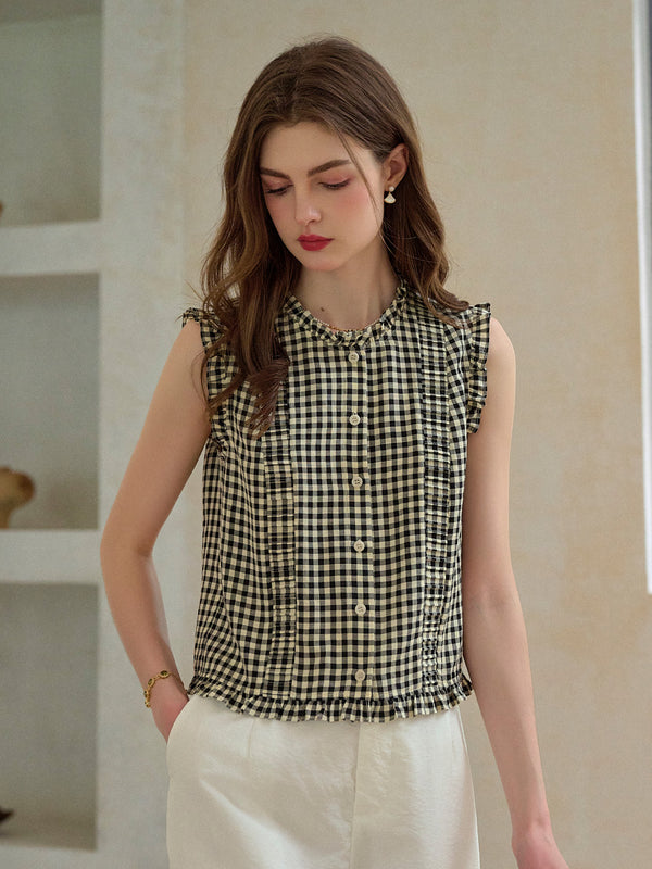Light Blue and Honey Taupe Print Ric-Rac Hem Top | Tessa main image 1