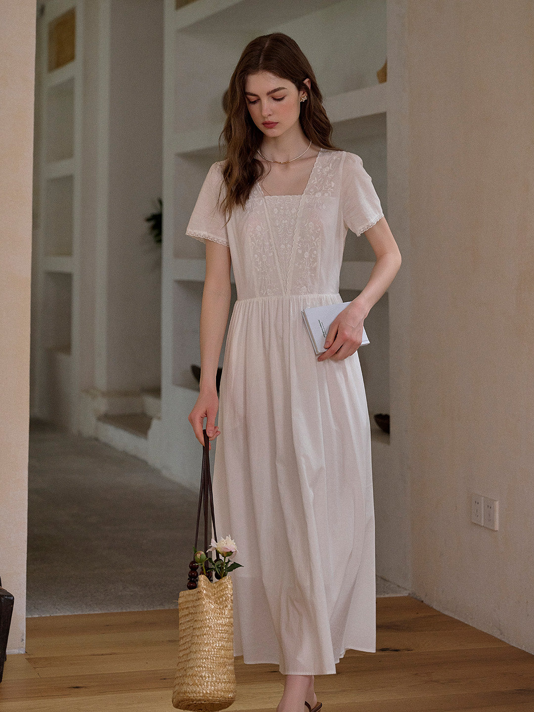 May Square Neck Embroidery 100% Cotton Dress