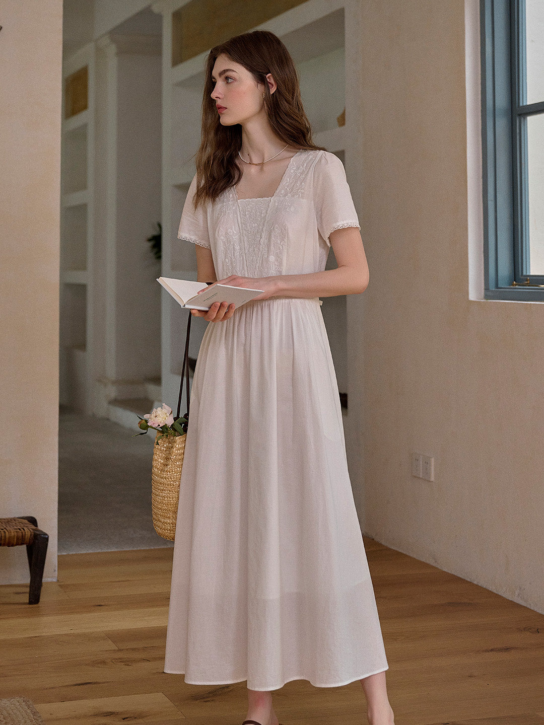 May Square Neck Embroidery 100% Cotton Dress