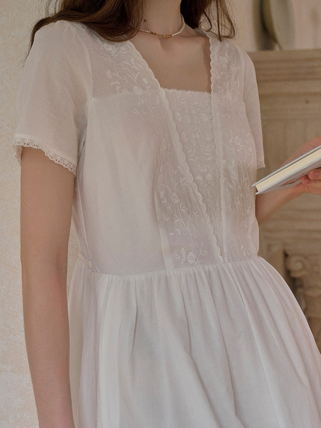 May Square Neck Embroidery 100% Cotton Dress