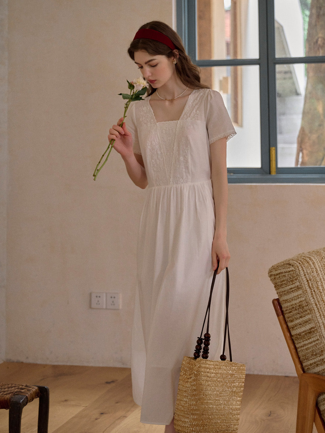 May Square Neck Embroidery 100% Cotton Dress