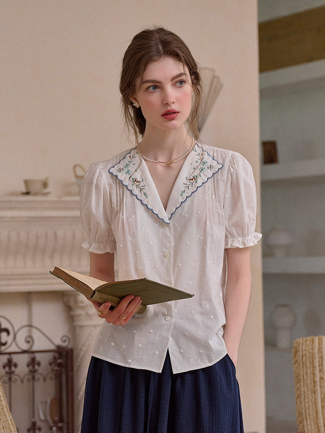Lainey V-Neck Embroidery 100% Cotton Blouse