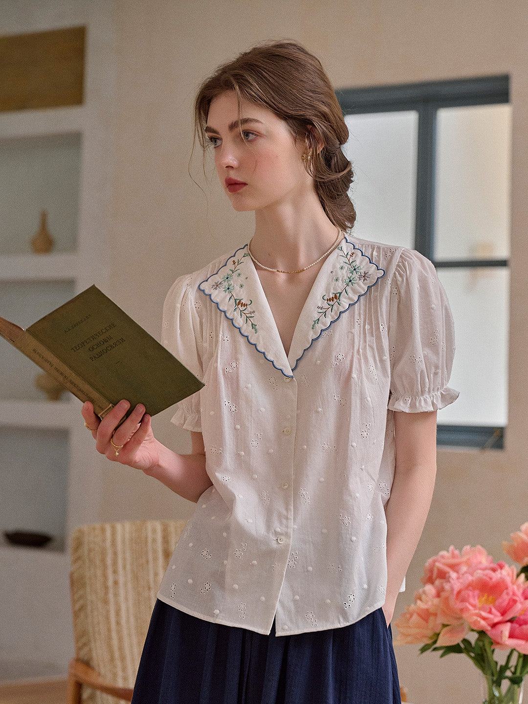 Lainey V-Neck Embroidery 100% Cotton Blouse