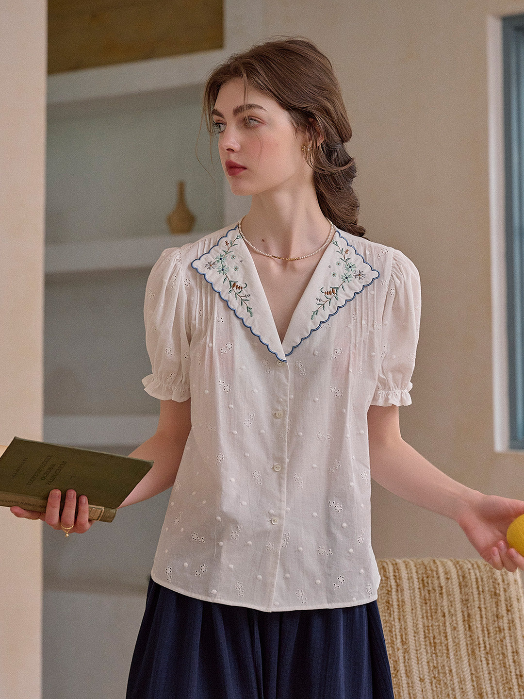 Lainey V-Neck Embroidery 100% Cotton Blouse