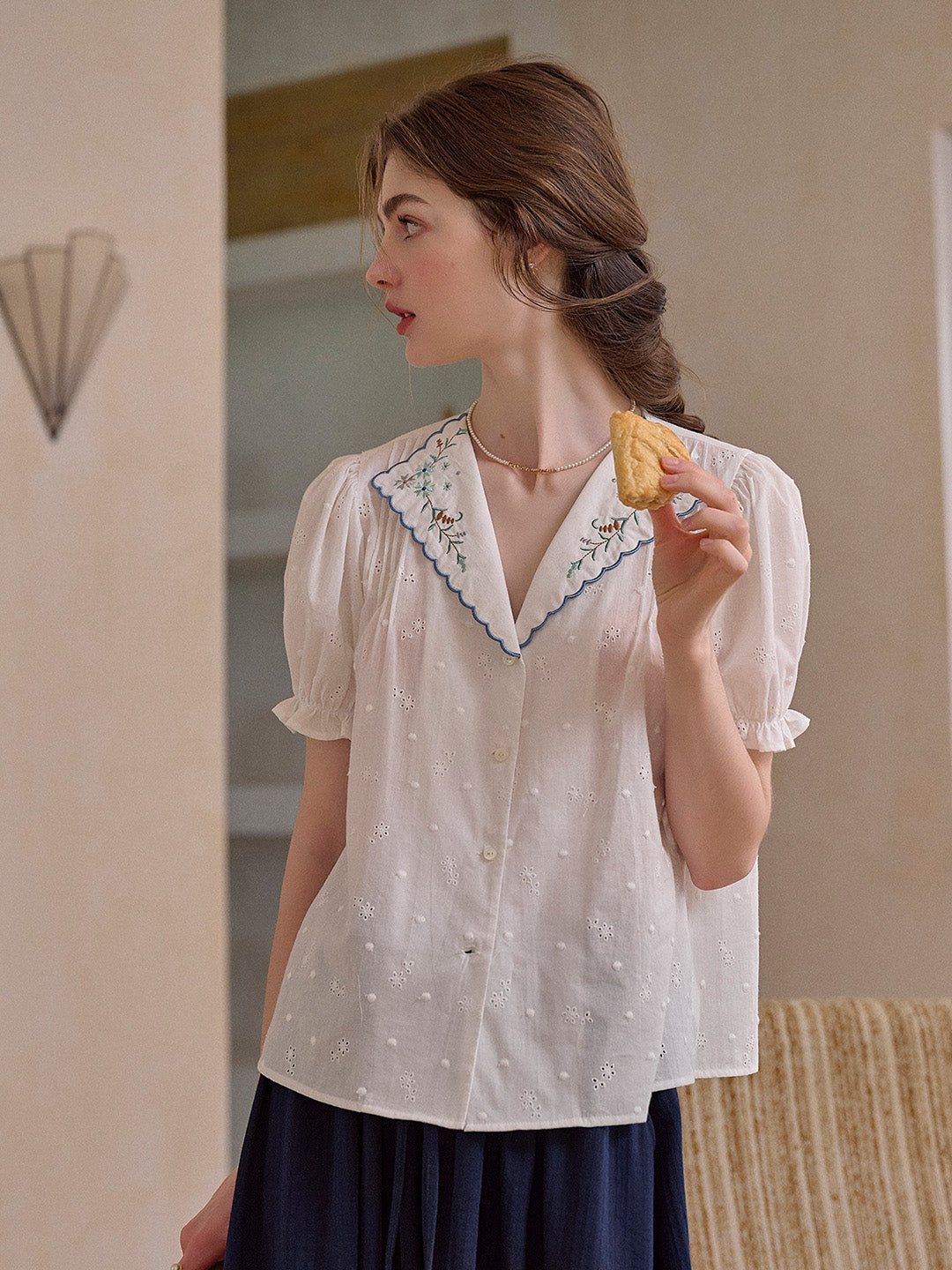 Lainey V-Neck Embroidery 100% Cotton Blouse