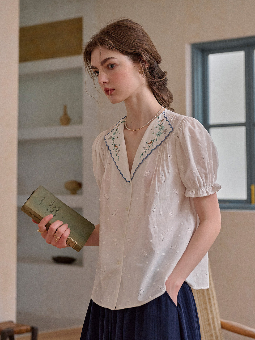 Lainey V-Neck Embroidery 100% Cotton Blouse