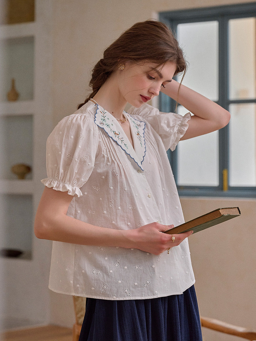 Lainey V-Neck Embroidery 100% Cotton Blouse