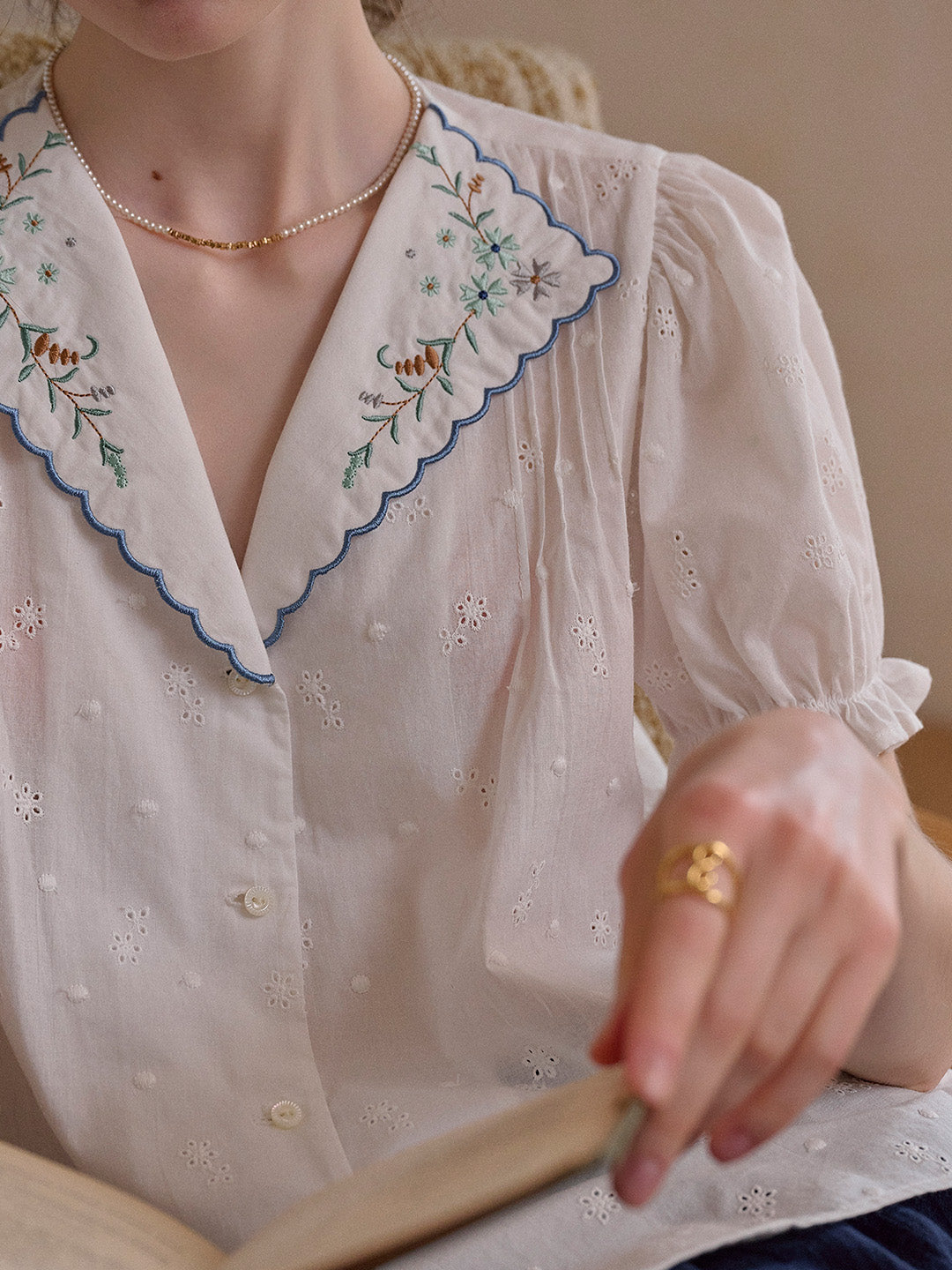 Lainey V-Neck Embroidery 100% Cotton Blouse
