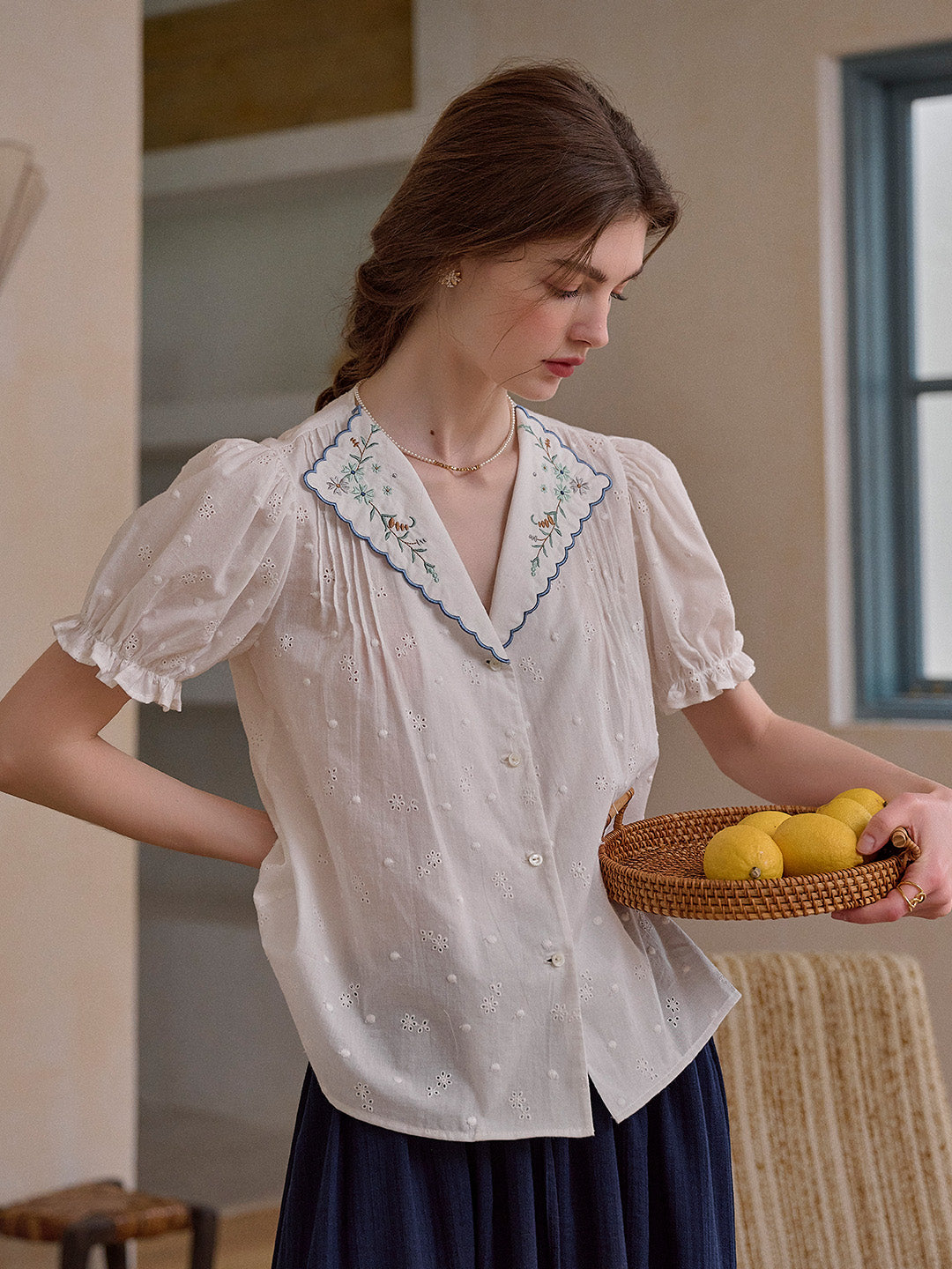 Lainey V-Neck Embroidery 100% Cotton Blouse