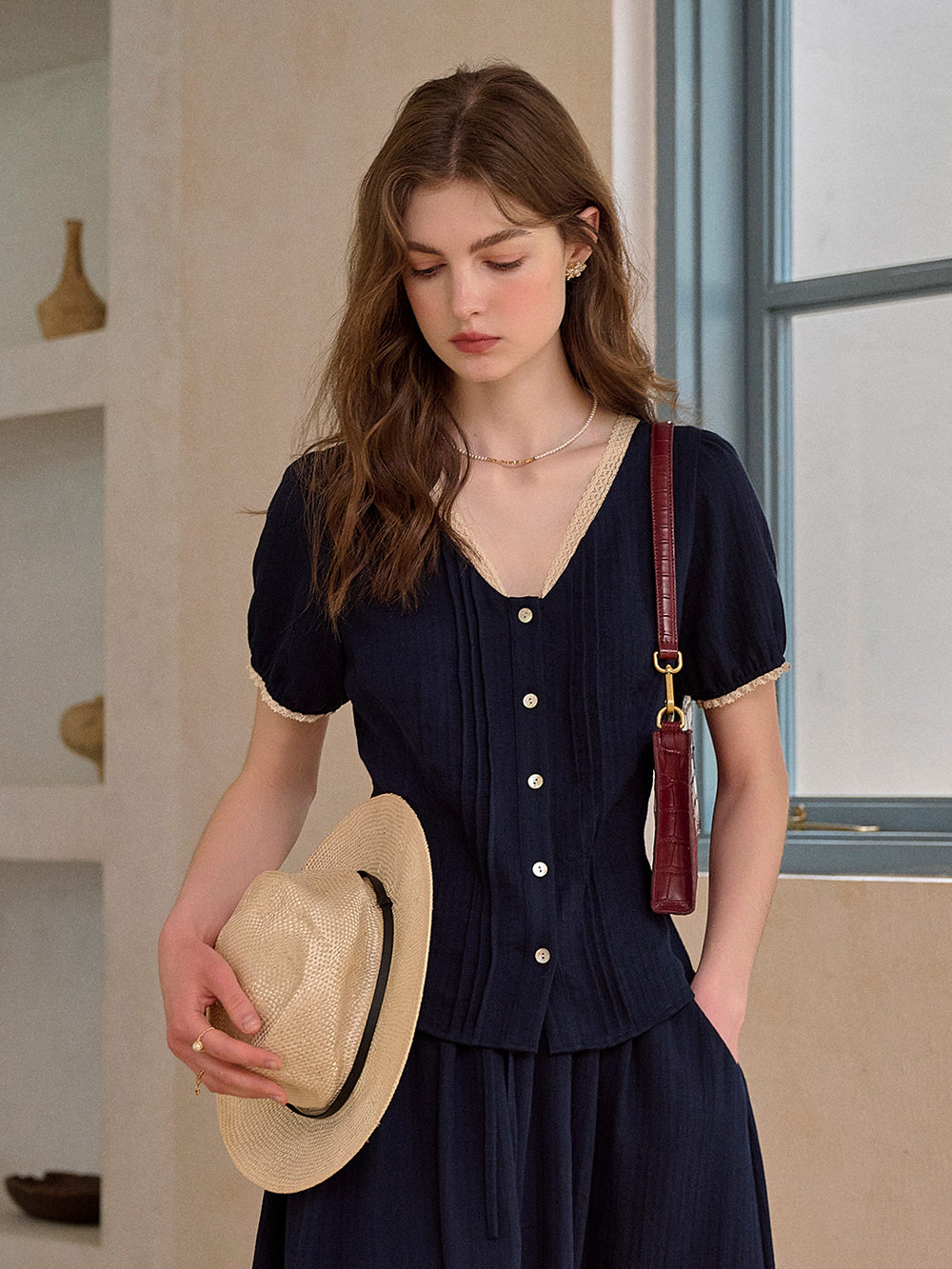Linen Blend Relaxed V-Neck Top main image 0