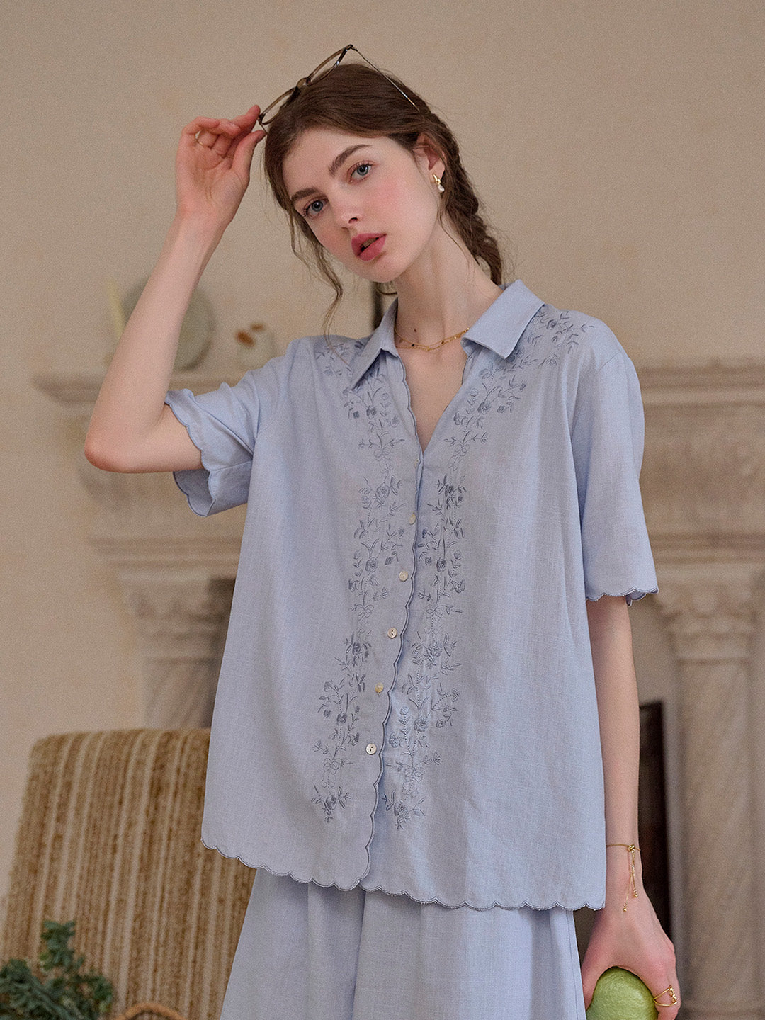 Everly Lapel Wave Embroidery Viscose Linen Blouse
