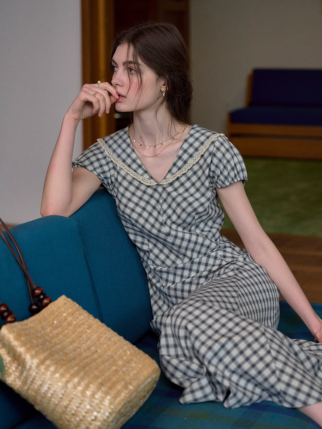 Athena V-Neck Plaid Lace Viscose Dress