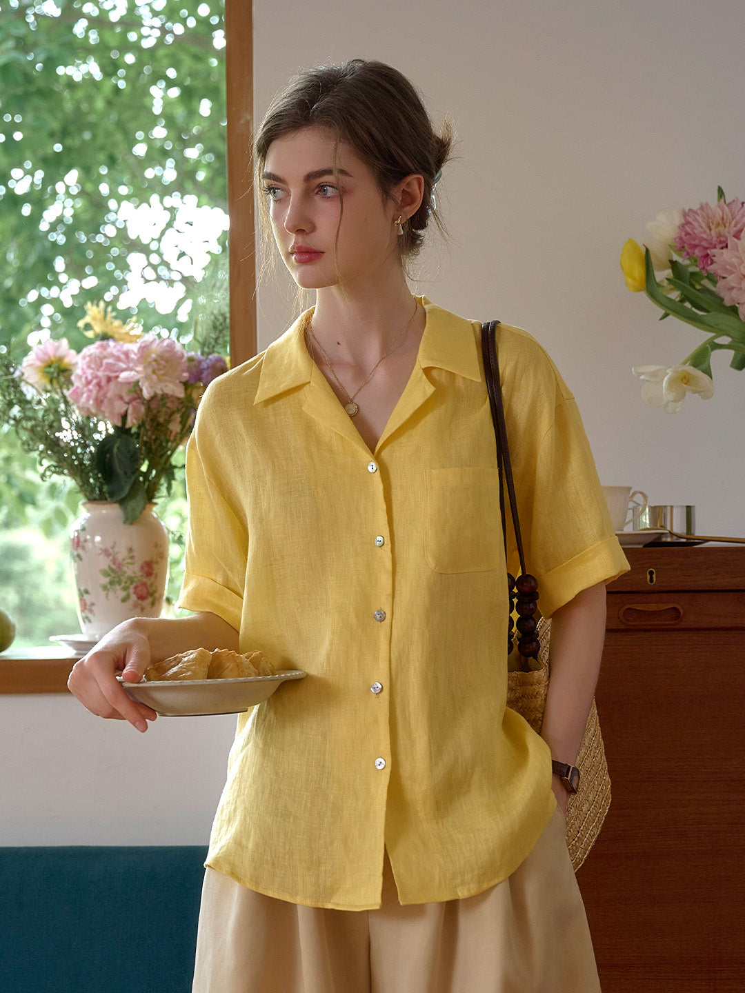 Julia Lapel Pocket 100% Linen Blouse