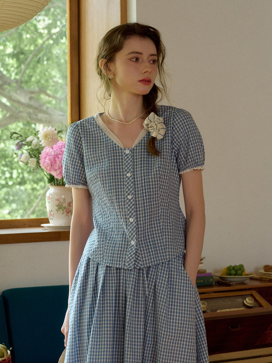 Hallie V-Neck Plaid Cotton Blouse