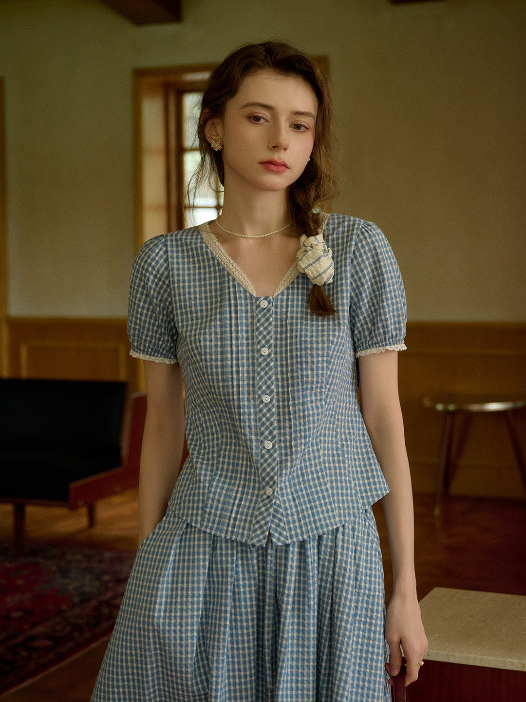 Hallie V-Neck Plaid Cotton Blouse