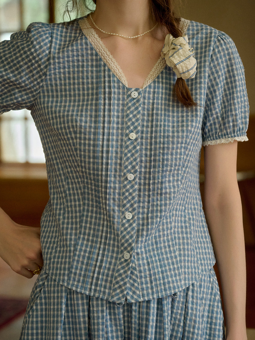 Hallie V-Neck Plaid Cotton Blouse