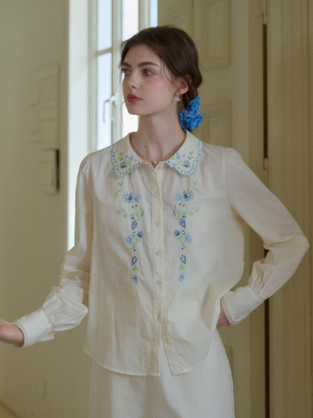 Luciana Peter Pan Collar Embroidery 100% Cotton Blouse