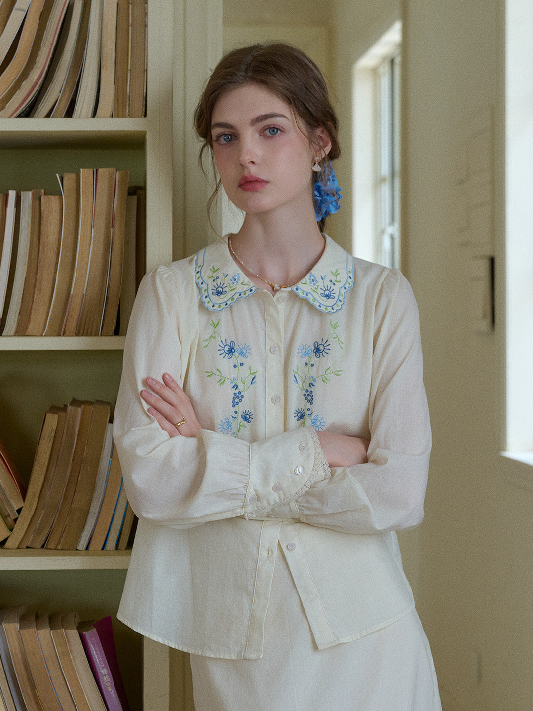 Luciana Peter Pan Collar Embroidery 100% Cotton Blouse