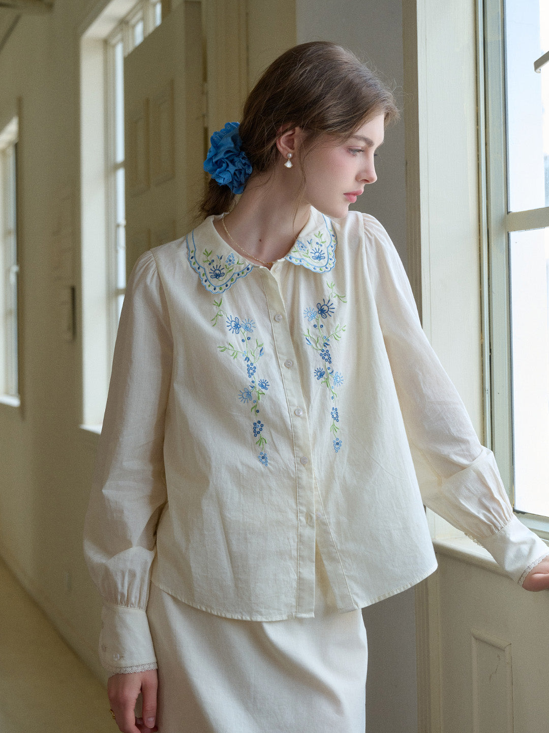 Luciana Peter Pan Collar Embroidery 100% Cotton Blouse