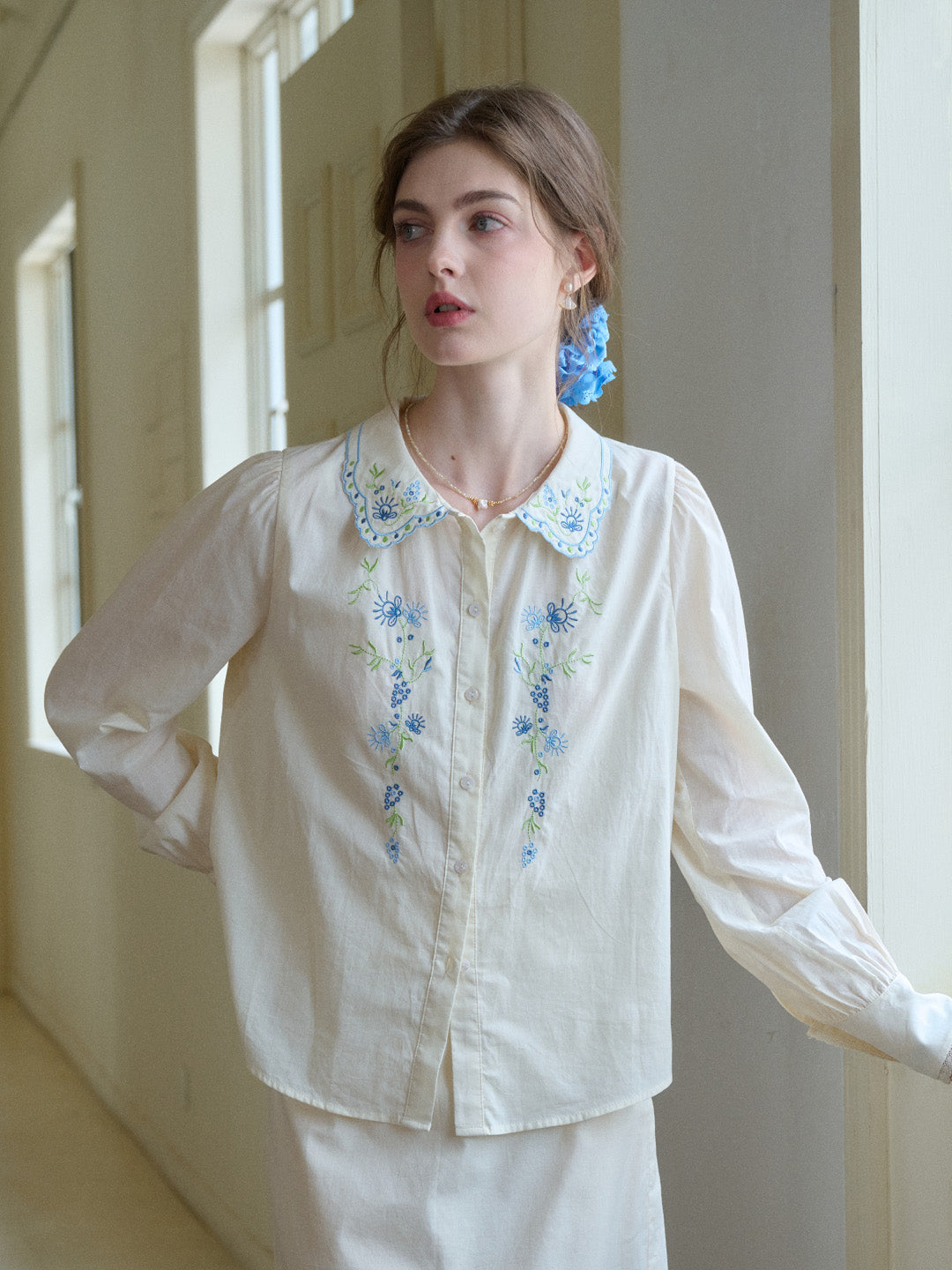 Luciana Peter Pan Collar Embroidery 100% Cotton Blouse