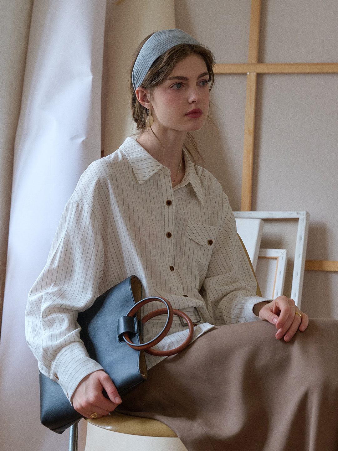 Mckenna Lapel Stripes Belt Linen Shirt
