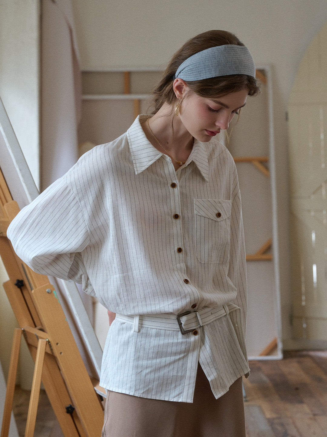 Mckenna Lapel Stripes Belt Linen Shirt