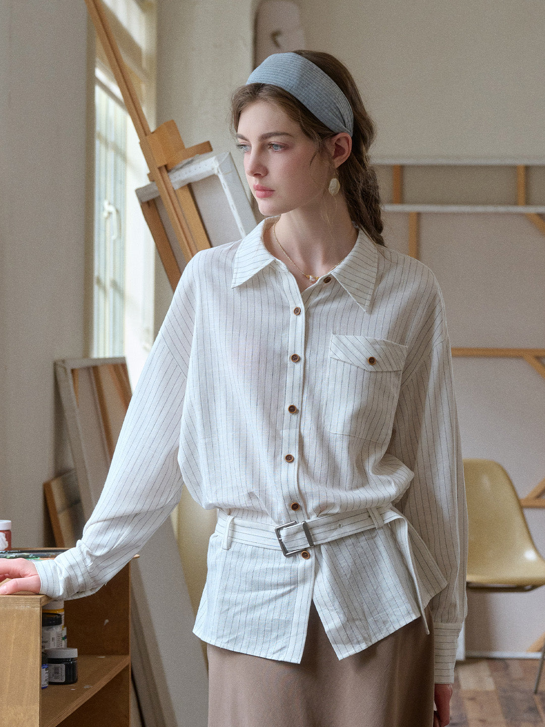 Mckenna Lapel Stripes Belt Linen Shirt