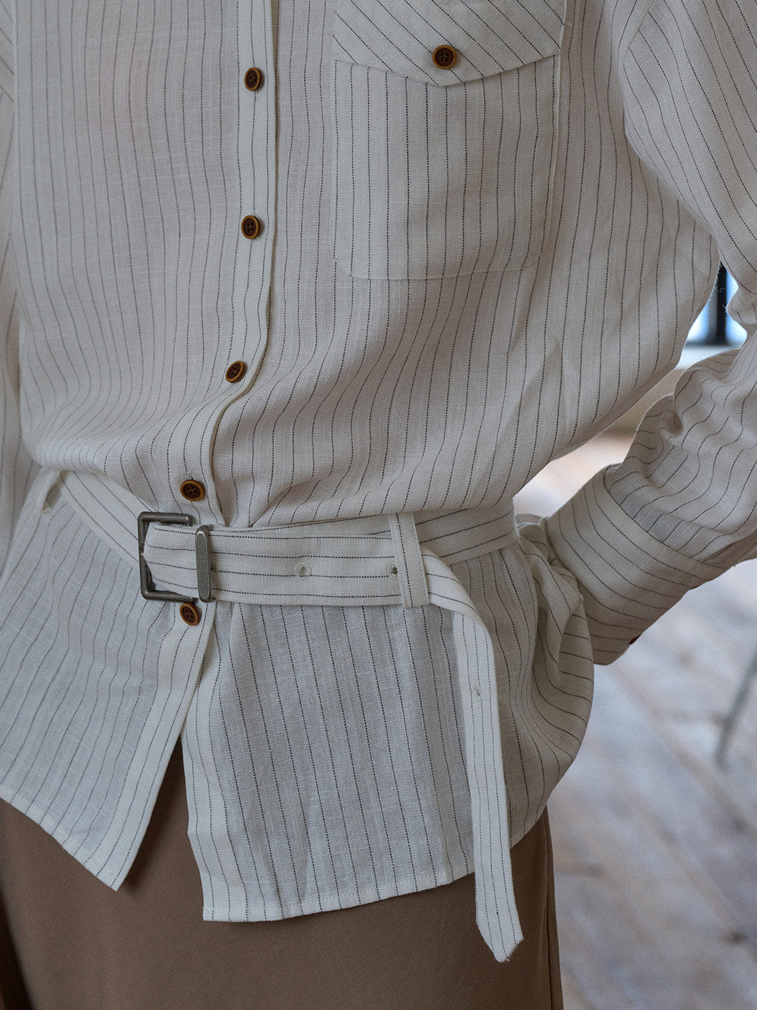 Mckenna Lapel Stripes Belt Linen Shirt