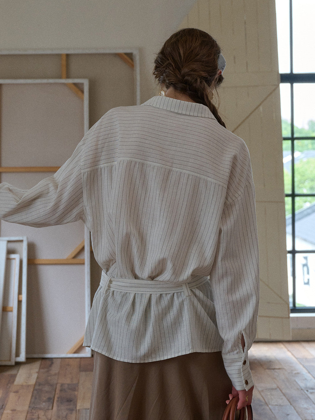 Mckenna Lapel Stripes Belt Linen Shirt