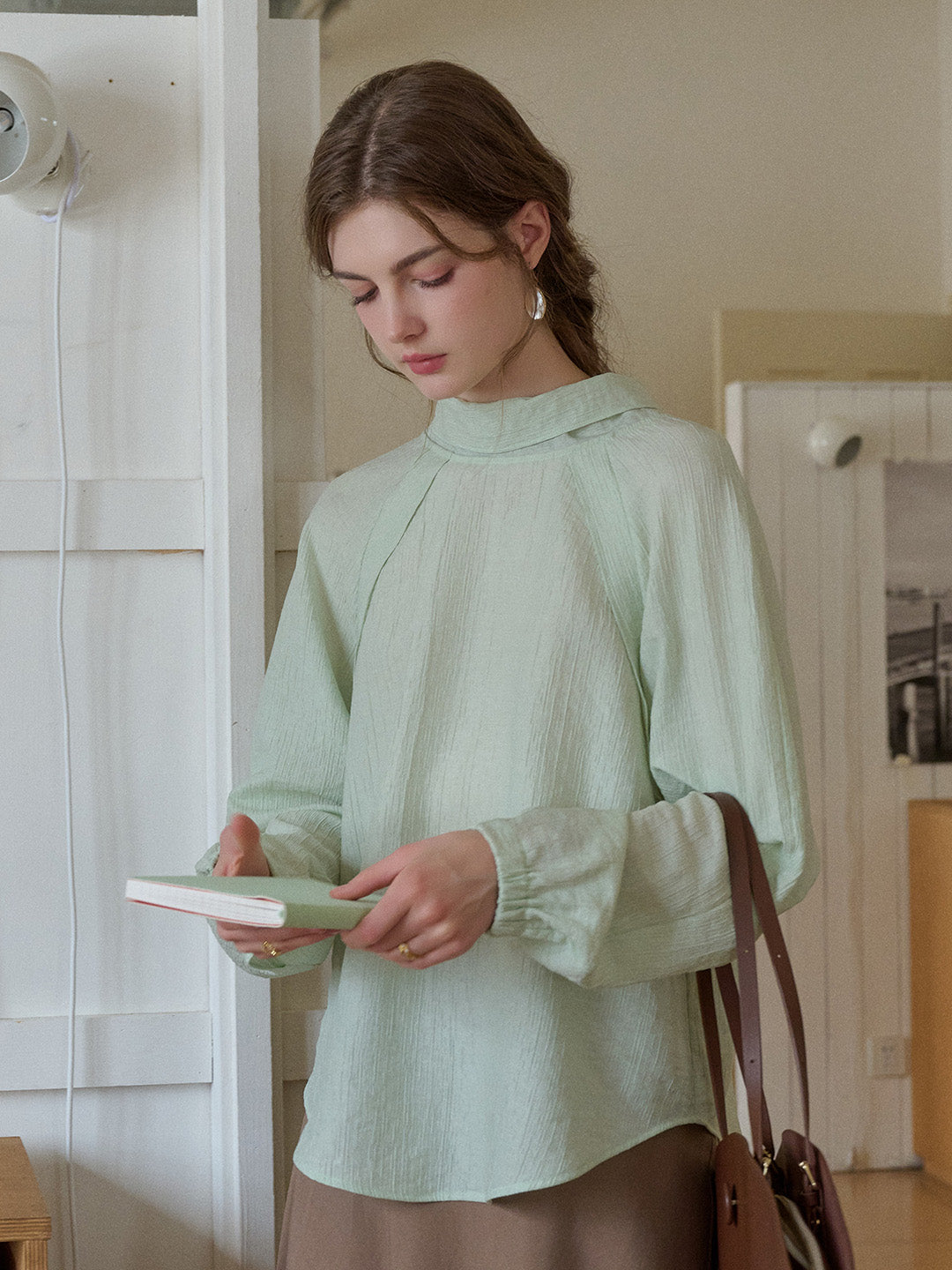Rosemary Bow Collar Lyocell Wool Blouse